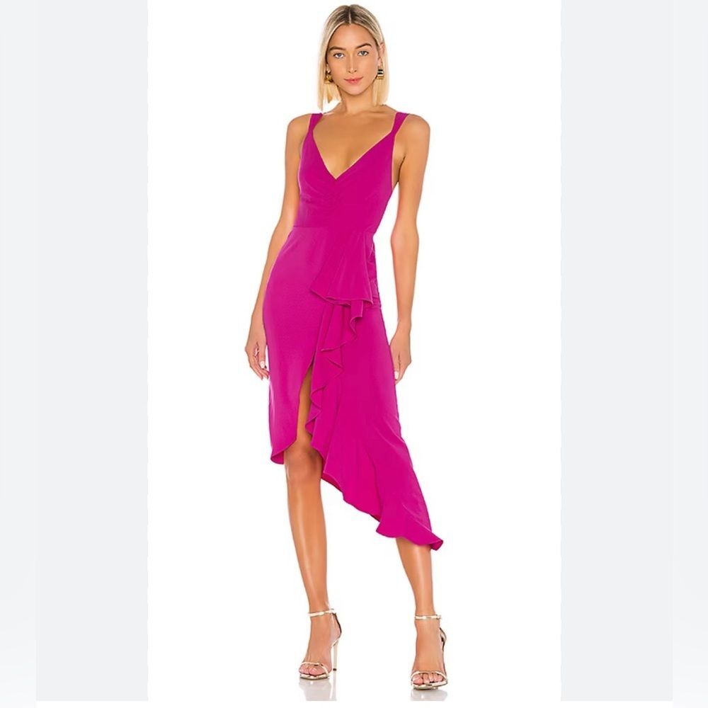 Lovers and Friends Pink Ruffle High-Low Slit Dress S Fuchsia Party Revolve